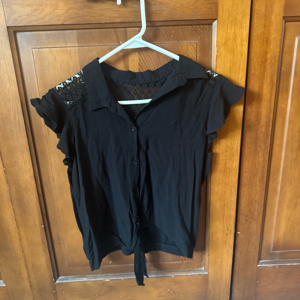 No Boundaries Black Button-Up Blouse with Lace Accents